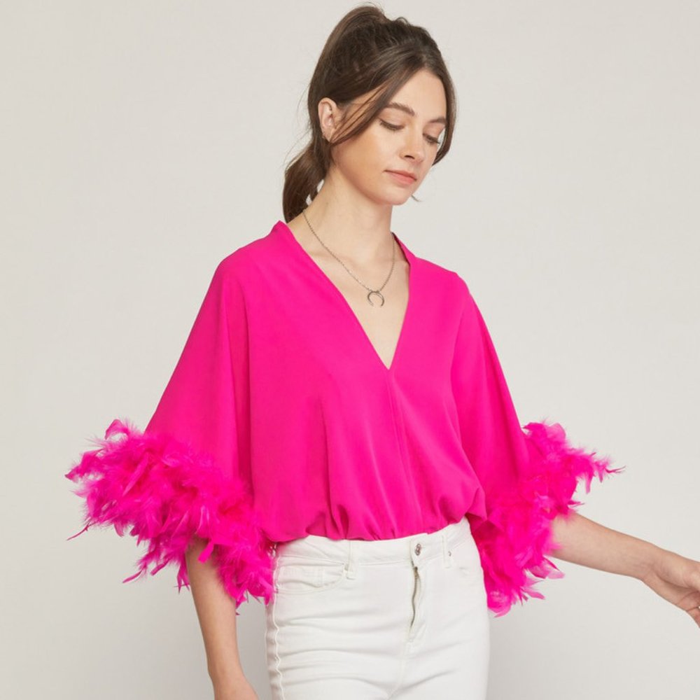 Hot Pink Feather Sleeve Bodysuit - Picture 2 of 7